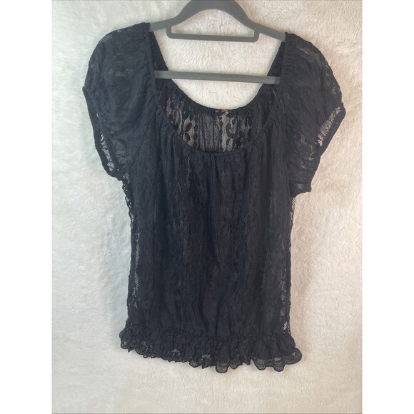 Black Lace Top with Cap Sleeves and Sheer Lace Size Medium - Picture 3 of 4